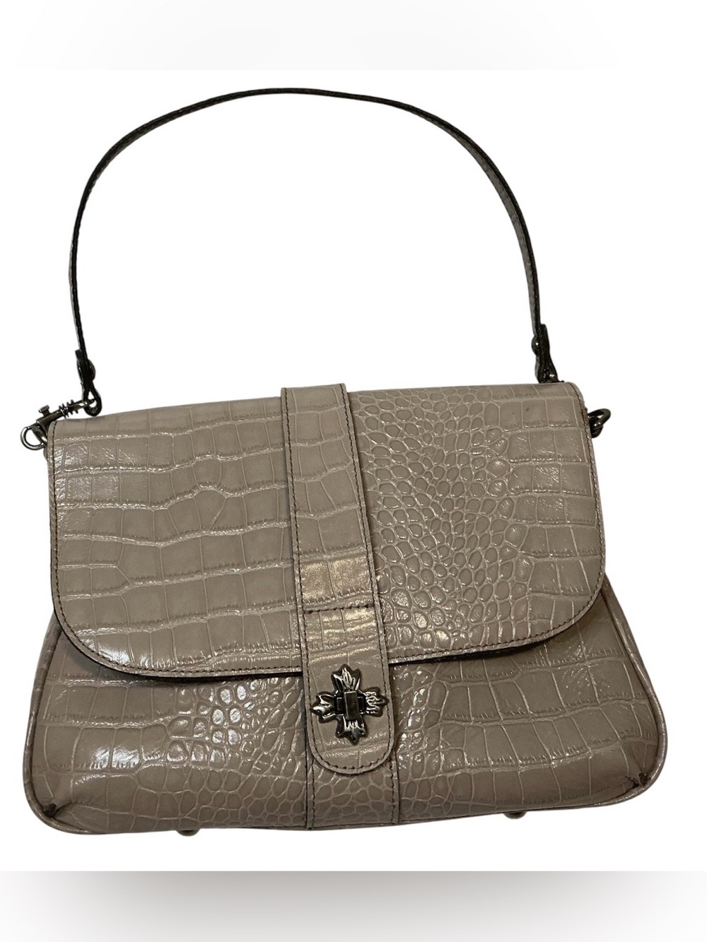 Patricia Nash Stone Taupe Croc Embossed Leather Flap Shoulder Bag Turn Lock